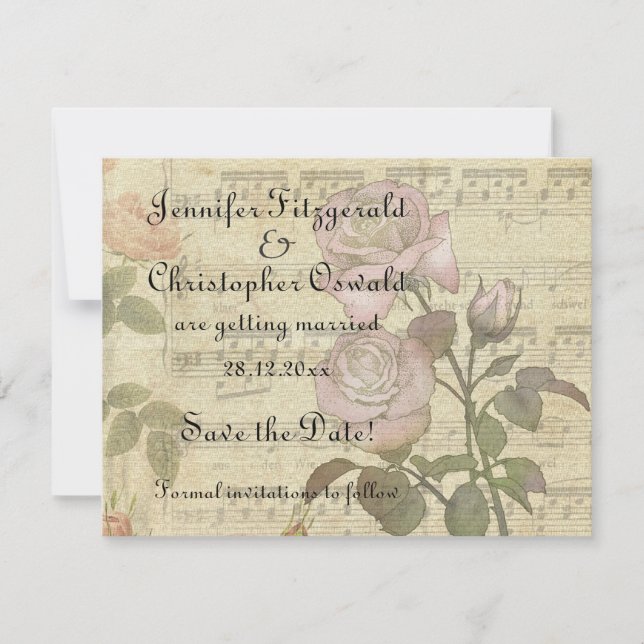 Reserva La Fecha Juego de boda de partitura musical y rosa vintage (Anverso)