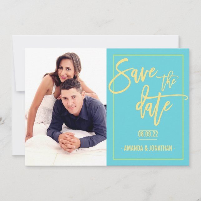 Reserva La Fecha Jugadora Lime, Amarillo y Azul Boda Guardar fecha (Anverso)