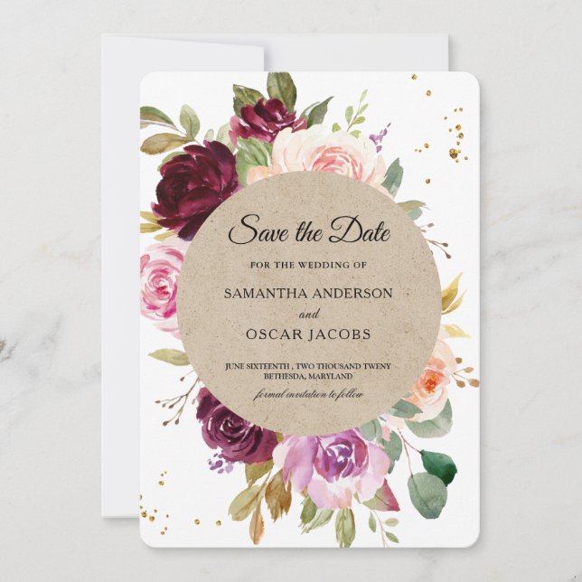 Reserva La Fecha Kraft Moody & Rustic Burgundy Floral Frame & Gold (Anverso)