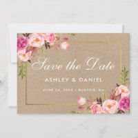 Kraft Pink Rubor Floral Gold Save The Date Card