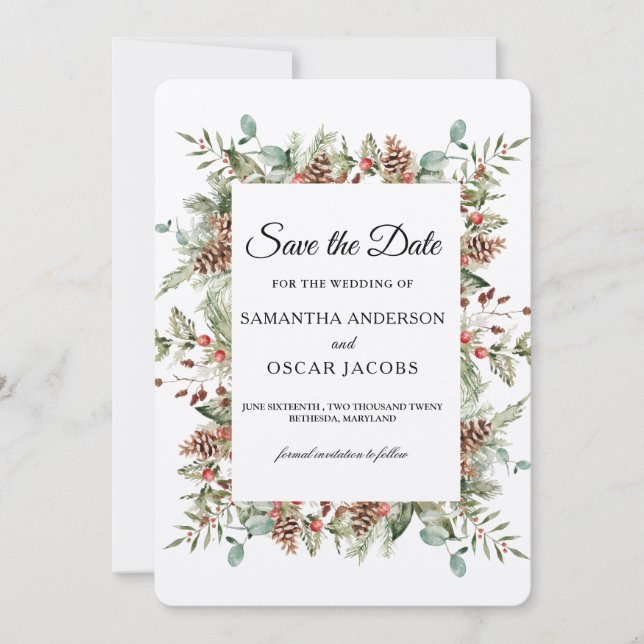 Reserva La Fecha Kraft Winter Green Pine Frame (Anverso)