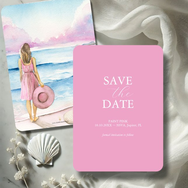 Reserva La Fecha La acuarela de la playa salva las fechas (Pink save the date invitation with watercolor beach scene by Victoria Grigaliunas of Do Tell A Belle)