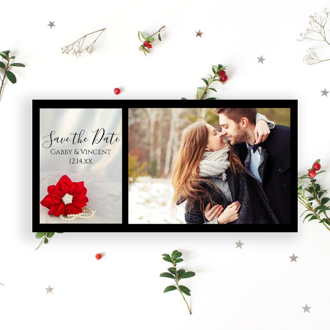 Reserva La Fecha La Boda de Invierno de las Perlas Rojas de Poinset (Announce your December wedding date with the festive Poinsettia and Pearls Save the Date Photo Card.)