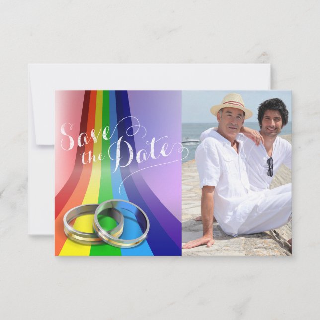 Reserva La Fecha La boda gay arcoiris y anillos salva la fecha (Anverso)