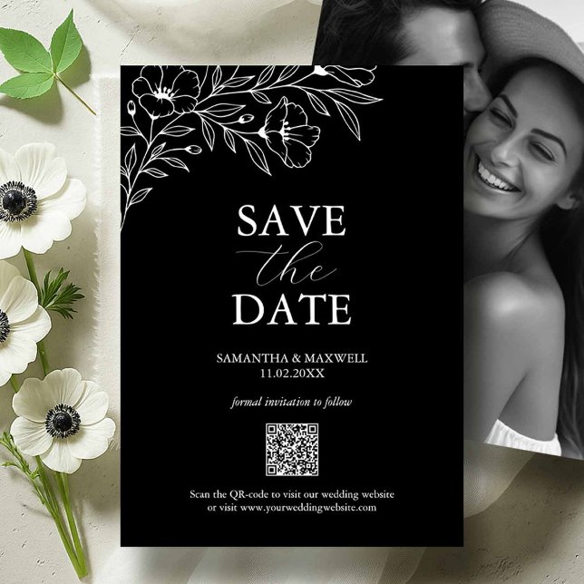 Reserva La Fecha La Boda Negra Y Blanca Salva Las Fechas (Black and white wedding save the dates with photo and white anemone flowers by Do Tell A Belle)