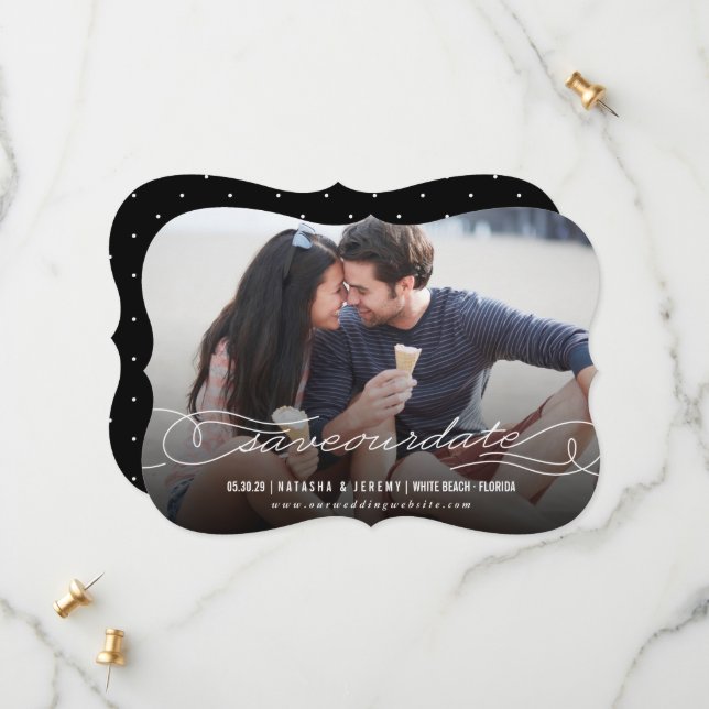 Reserva La Fecha La caligrafía moderna florece con la foto de escri (Anverso/Reverso In Situ)