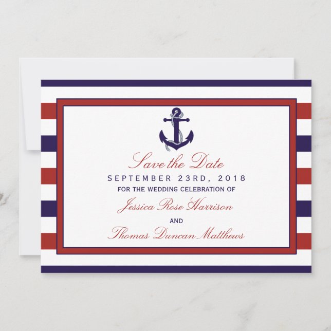 Reserva La Fecha La Colección de Boda Ancla Náutica Rojo & Navy (Anverso)