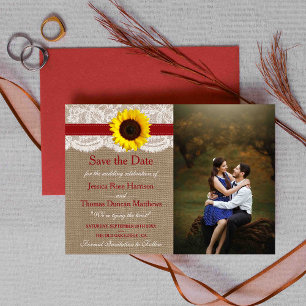 Reserva La Fecha La colección de Bodas de girasol rústico - Rojo