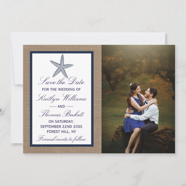Reserva La Fecha La colección de bodas Starfish Burlap Beach de la  (Anverso)