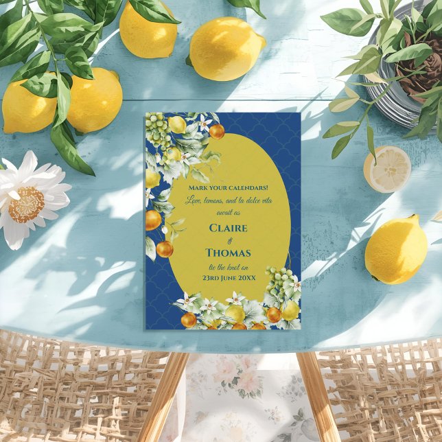 Reserva La Fecha La Dolce Vita Lemon Blue Mediterranean Wedding (La Dolce Vita Lemon Blue Mediterranean Wedding Save The Date)