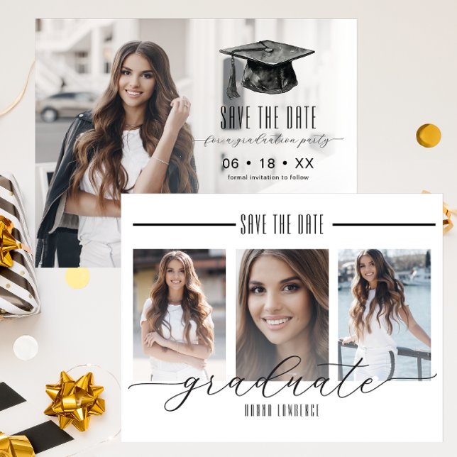 Reserva La Fecha La graduación moderna en blanco y negro salva la f (Graduation Save The Date)