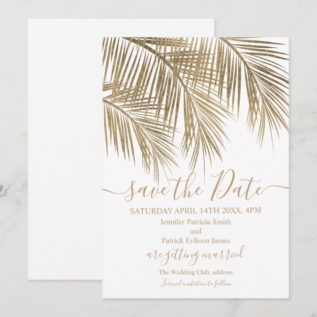 Reserva La Fecha La hoja de la palmera dorada blanca tropical salva (Anverso / Reverso)