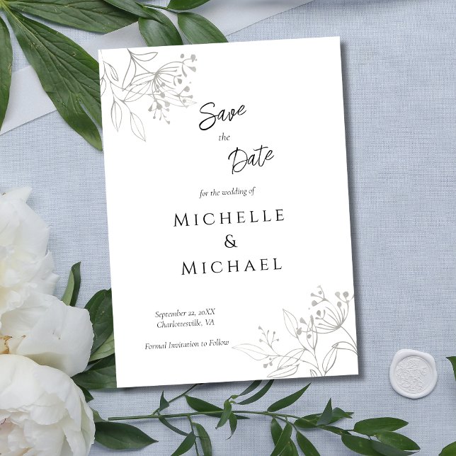 Reserva La Fecha La plata deja la floral boda botánica elegante (Silver Gray Botanical Floral Formal Minimalist Wedding Save the Date)