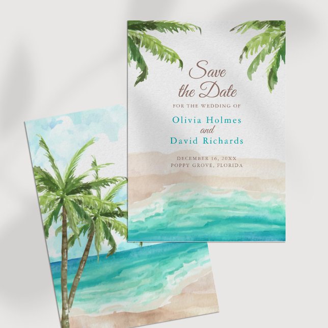 Reserva La Fecha La playa de acuarela y las hojas de palmera ahorra (Watercolor Beach and Palm Leaves Save the Date on a white table.)