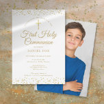 Reserva La Fecha La primera foto de oro de la comunión sagrada salv<br><div class="desc">Una elegante Primera Comunión salva la invitación de fecha con un delicado polvo de oro. Puedes personalizar con tus detalles de celebración en el texto de oro de moda y una foto especial al revés. Diseñado por Thisisnotme©</div>