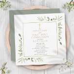 Reserva La Fecha La primera Plaza de la Energía Verde de la Santa C<br><div class="desc">Con delicadas hojas de color de agua verde y un elegante crucifijo de oro,  esta moda sexista-neutra invitación a guardar la primera comunión sagrada-la-fecha se puede personalizar con su información especial,  con un sabio fondo verde al revés. Diseñado por Thisisnotme©</div>