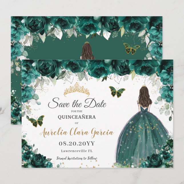 Reserva La Fecha La princesa floral esmeralda Quinceañera salva la  (Anverso / Reverso)