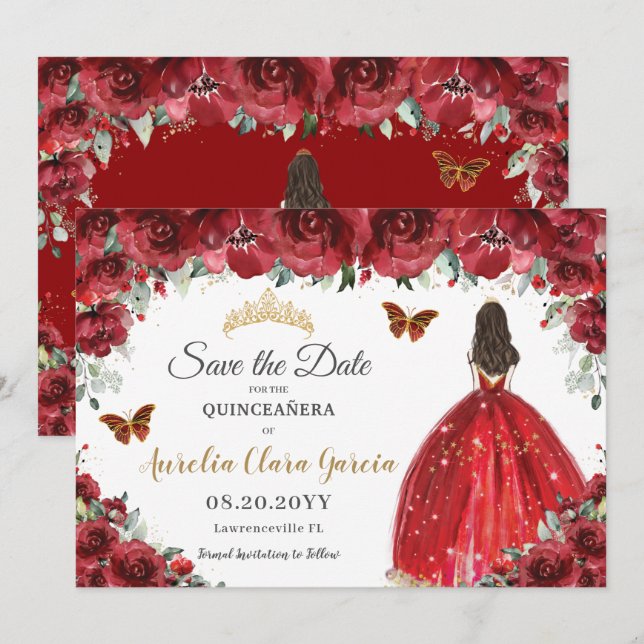 Reserva La Fecha La princesa floral roja Gold Quinceañera salva la  (Anverso / Reverso)
