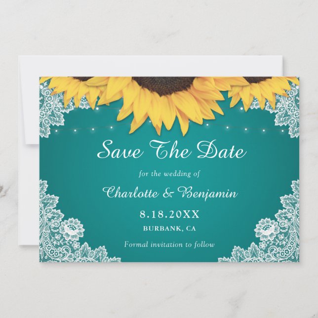 Reserva La Fecha La Rústica Boda Verde azulada De Girasol Lace Salv (Anverso)