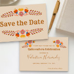 Reserva La Fecha La tipografía floral occidental mexicana salva la<br><div class="desc">Floral mexicana salva la carta de fecha con flores de arte folclórico de fiesta en la paleta de color tierra del champán naranja rosa beige azul y amarillo. Diseño distintivo con tipografía occidental y escritura manuscrita elegante. La plantilla está configurada para el personalizar en cualquier ocasión y se personaliza con...</div>