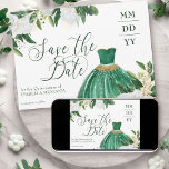Reserva La Fecha La vegetación esmeralda White Peony Quinceanera Pr<br><div class="desc">La Quinceanera verde esmeralda Salve la carta de la fecha con bata de princesa verde y dorada y acuarela floral de flores y vegetación de peones blancos. Save the Date se graba en caligrafía rápida y el texto restante en tipografía serif elegante. Por favor, vea mi colección Emerald Greenery &...</div>