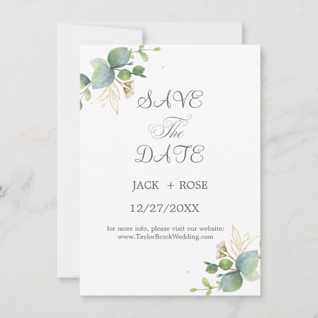 Reserva La Fecha La vegetación rústica Eucalyptus Boda de verano. (Anverso)