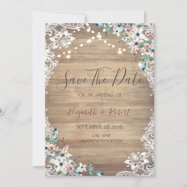 Reserva La Fecha Lace Flowers Wood Texture, Lights Save The Date (Anverso)