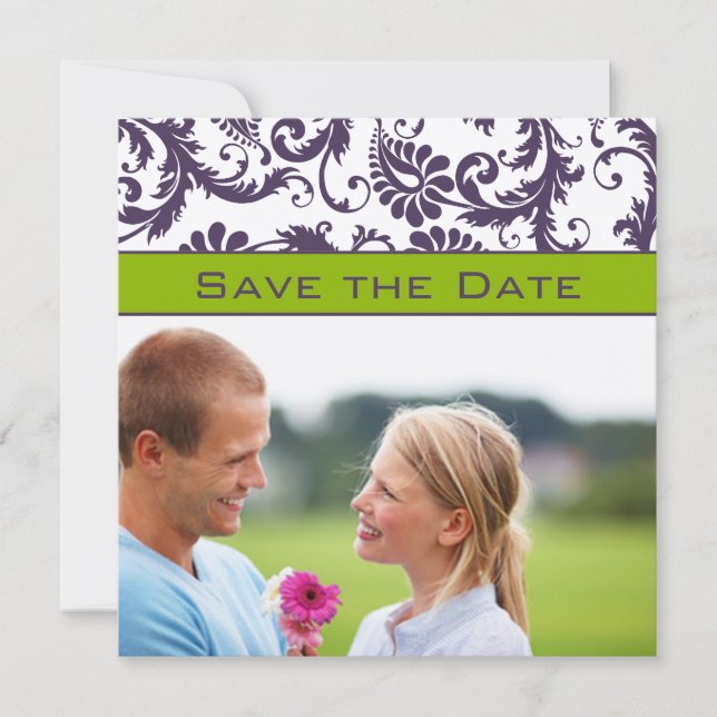 Reserva La Fecha Lapis Purple & Apple Green Damask Save the Date (Anverso)