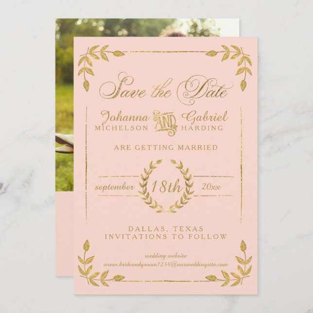 Reserva La Fecha Laurel Leaf Rubor Pink Gold Save the Date Photo (Anverso / Reverso)