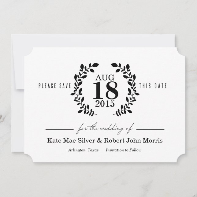Reserva La Fecha Laurel Wreath Black & White Nonphoto Save the Date (Anverso)