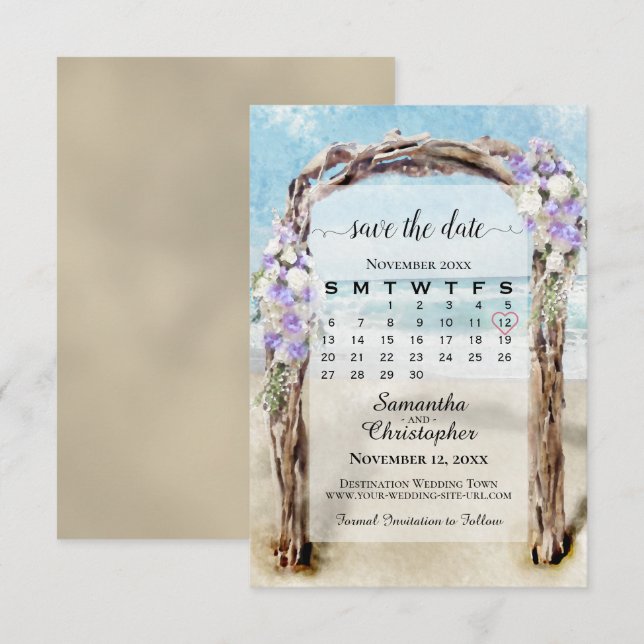 Reserva La Fecha Lavanda Floral Playa Arbor & Calendario Boda (Anverso / Reverso)