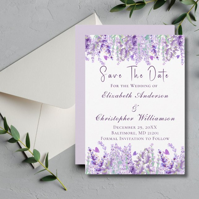 Reserva La Fecha Lavanda Morado Verde Morado Floral acuarela Elegan (Lavender Greenery Watercolor Floral Wedding Save the Date Card Invitation)