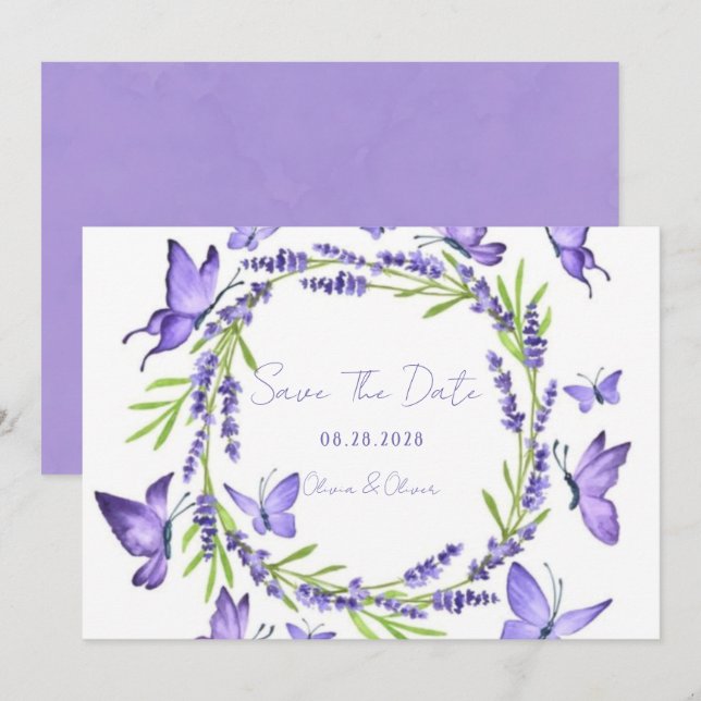 Reserva La Fecha Lavanda Wisteria y Mariposas Guarden la Fecha (Anverso / Reverso)