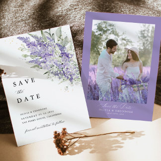 Reserva La Fecha Lavanda y Verde Salvia Floral Foto Boda