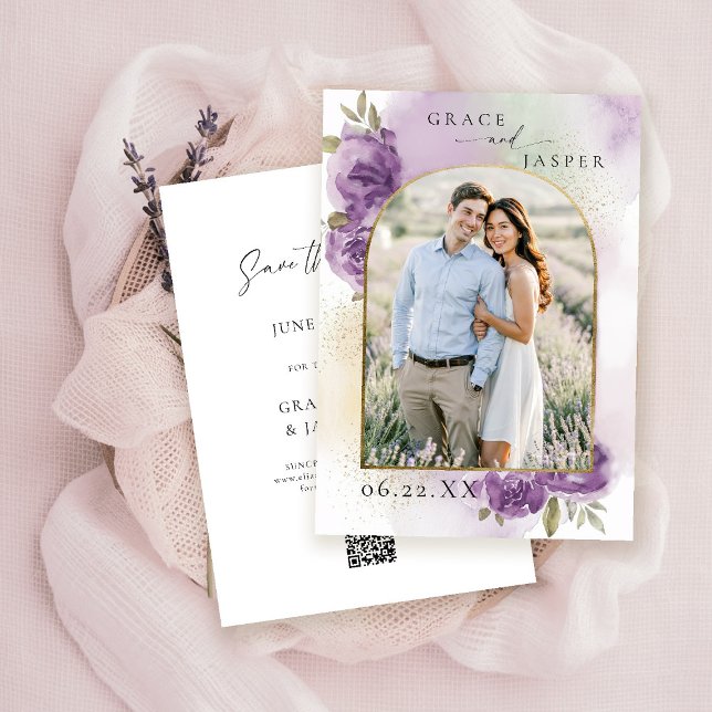 Reserva La Fecha Lavender Dreamy Rustic Photo Wedding Salva la fech (purplegold boho arch photo wedding save the date watercolor elegant floral mauve green barn ranch)