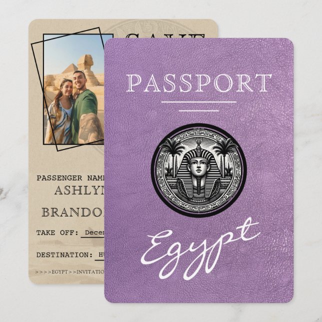 Reserva La Fecha Lavender Egypt Passport Wedding Save the Date (Anverso / Reverso)