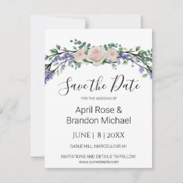 Reserva La Fecha Lavender Eucalyptus rosas blancas rosadas Guardar 