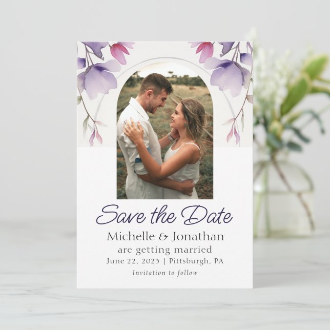 Reserva La Fecha Lavender Floral Photo Bible Verse Boda (Anverso de pie)