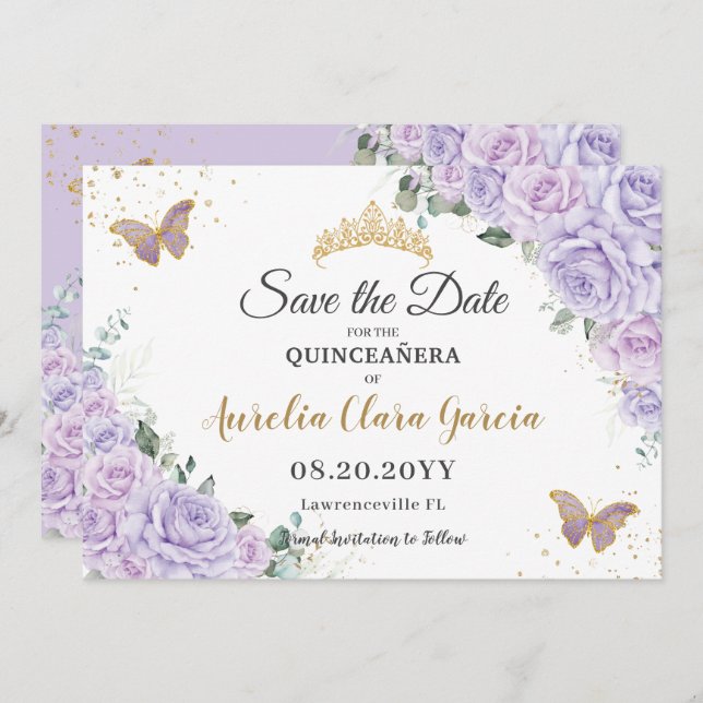 Reserva La Fecha Lavender Lilac Floral Quinceañera 15 Save the Date (Anverso / Reverso)