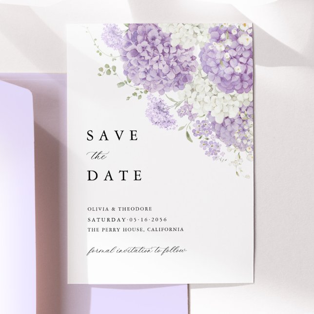 Reserva La Fecha Lavender Lilac White Floral Wedding (Lavender white hydrangea save the date wedding card with lilac floral, elegant wedding stationery)