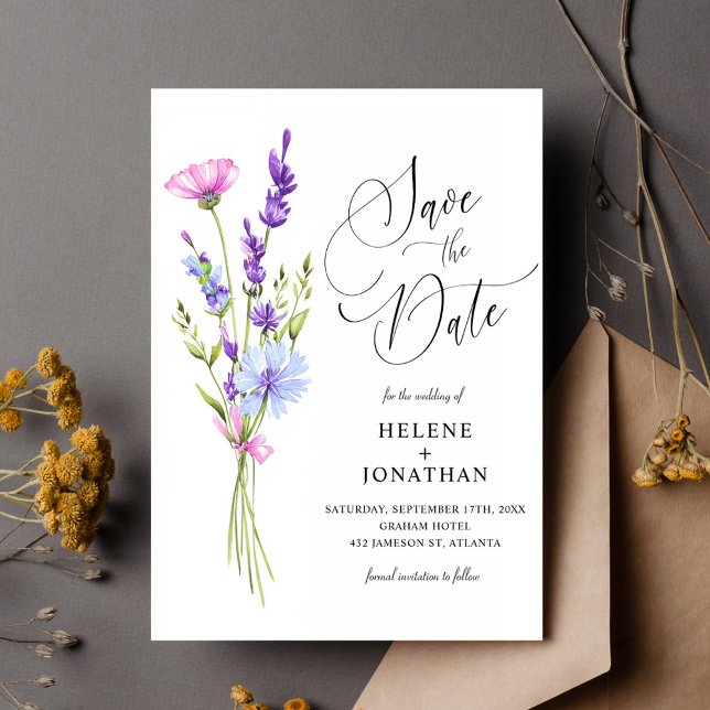Reserva La Fecha Lavender Wildflower Garden Boho Elegant Wedding (Lavender Wildflower Garden Boho Elegant Wedding Save The Date)