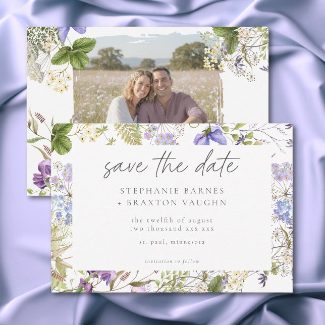 Reserva La Fecha Lavender Wildflower Garden White Romantic Photo (Lavender Wildflower Garden White Romantic Photo Save The Date)