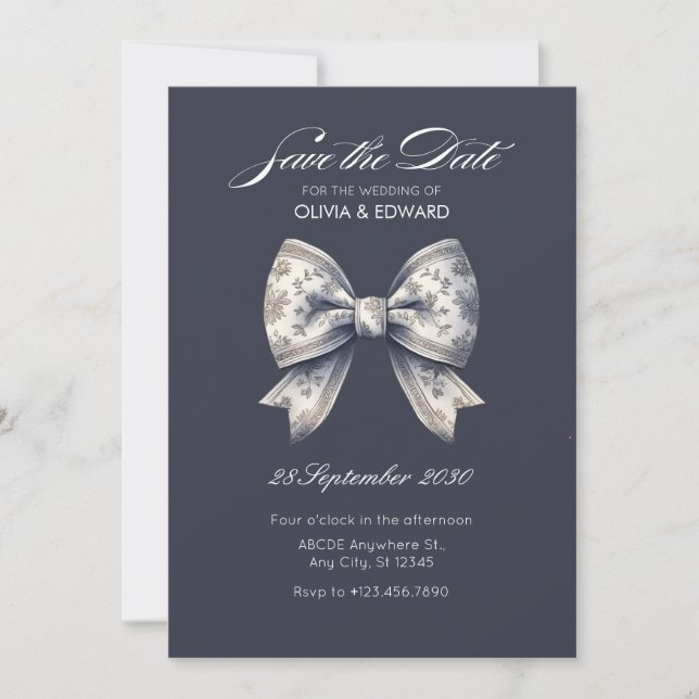Reserva La Fecha Lazo decorativo gris para boda (Anverso)