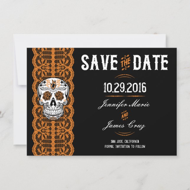 Reserva La Fecha Lazos de Naranja Calavera de Azúcar Save the Dates (Anverso)