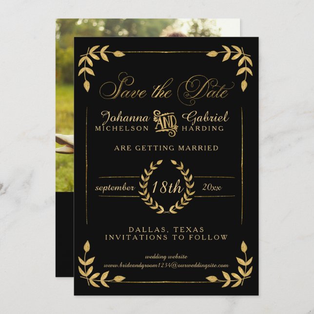 Reserva La Fecha Leaf Greenery Gold Black Save the Date Photo (Anverso / Reverso)