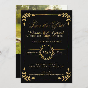Reserva La Fecha Leaf Greenery Gold Black Save the Date Photo