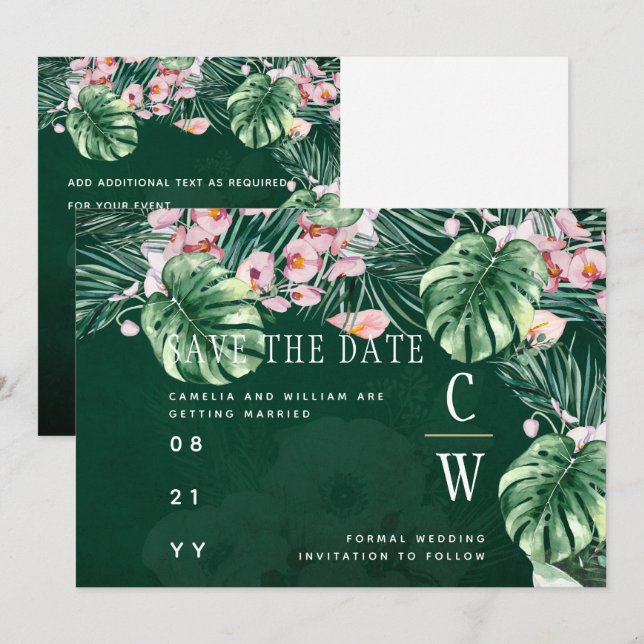 Reserva La Fecha LeahG Boda de la hoja floral verde tropical (Anverso / Reverso)