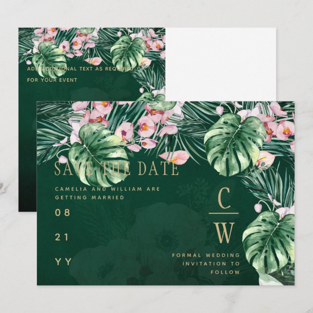 Reserva La Fecha LeahG Verde Tropical Rosa Botánico Boda (Anverso / Reverso)