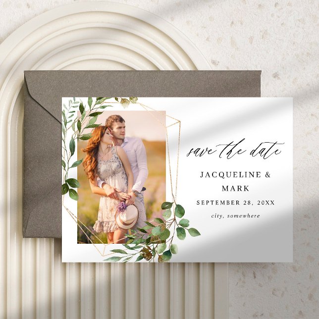 Reserva La Fecha Leaves y Eucalyptus Gold V Photo Save the Date (Subido por el creador)