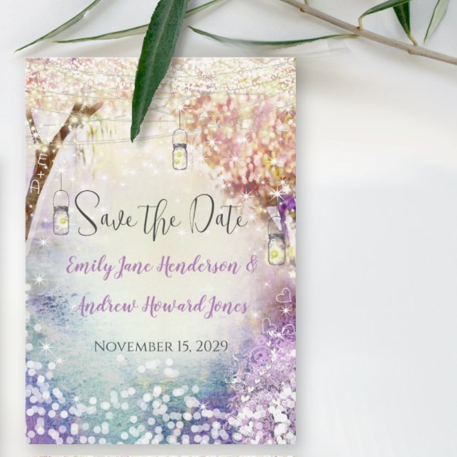 Reserva La Fecha Leche azul púrpura rosa ilumina Boho Forest Boda (Subido por el creador)